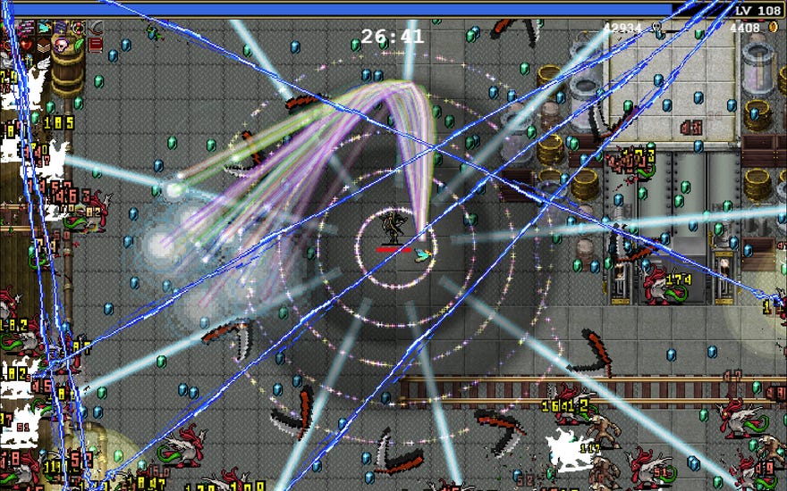 A load of lasers in a Vampire Survivors screenshot.