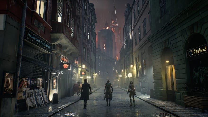 A squad of vampires in a Vampire: The Masquerade - Bloodhunt screenshot.