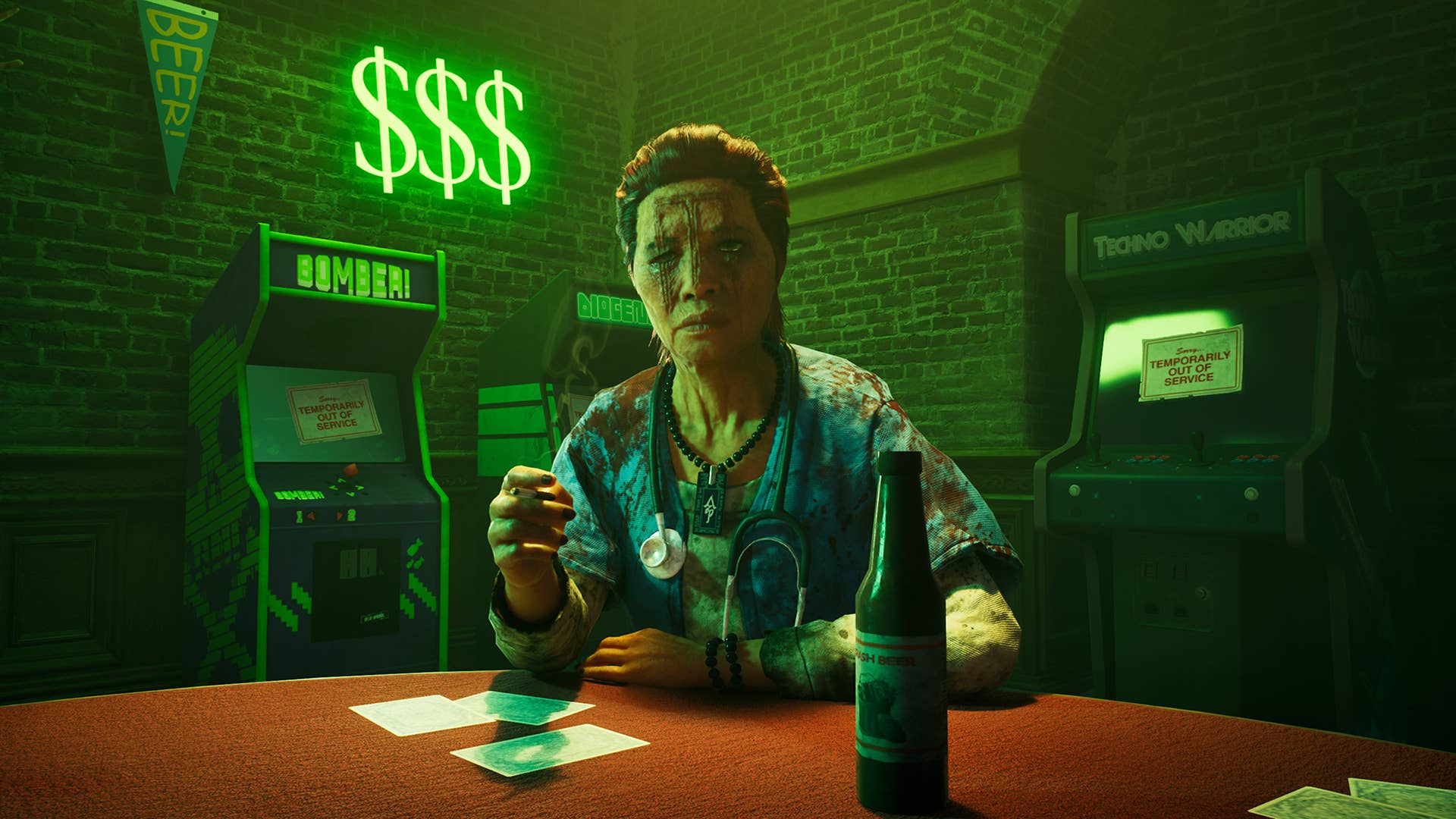 Characters chilling at the bar while covered in vampire blood: Masquerade - Bloodlines 2.