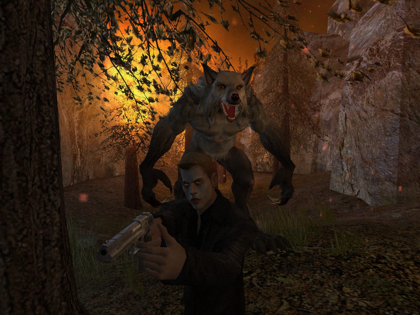 A playable vampire aims a gun while a huge werewolf seemingly sneaks up on him from amid a flaming forest. - 6