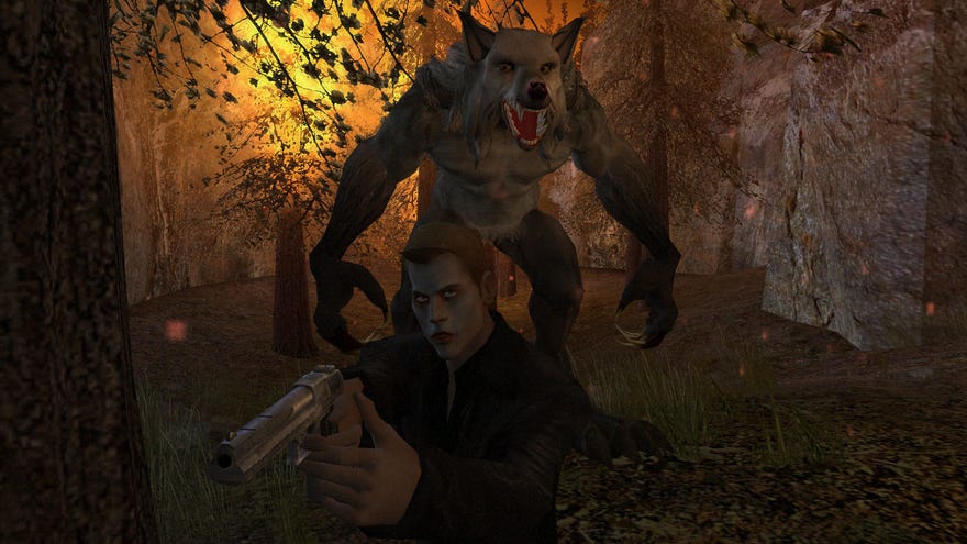 A vampire poses while a werewolf watches on in a Vampire: The Masquerade - Bloodlines screenshot.