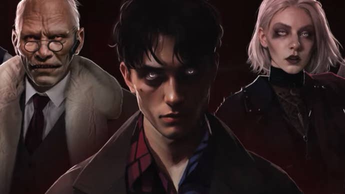 Promotional art for Vampire: The Masquerade – Reckoning of New York showing three vampires with glowing eyes (an older man, young man, and young woman) staring at the screen.