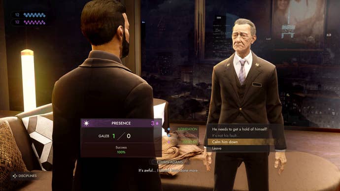 Galeb the vampire uses Presence to calm down Ethan Adams, who witnessed a murder, in a dialogue challenge in Vampire: The Masquerade - Swansong