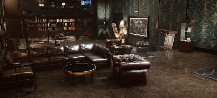 Jason Moore’s office, all dark wood and leather sofas, in Vampire: The Masquerade - Swansong