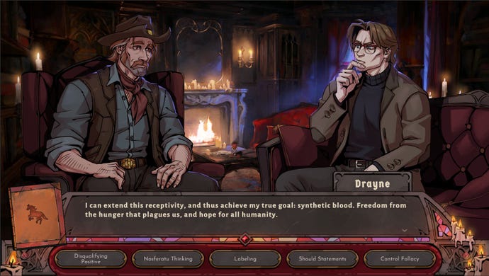 Two vampires talk to each other in a therapy session in Vampire Therapist