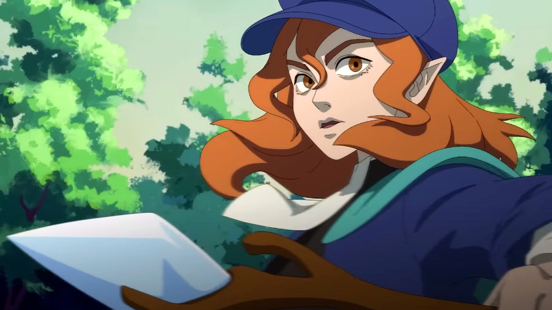 A feminine elf-like character turns with urgency towards the camera, staff in hand, blue robes billowing. There&rsquo;s a determined look in their eyes.