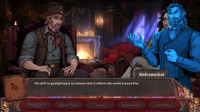 A screenshot from visual novel game Vampire Therapist showing the player character Sam, a cowboy, on the right, talking to a dramatic actor on the right. Here, the blue spirit of vampire therapist teacher Andromachos has interrupted because Sam - the player - was incorrect with one of their assumptions.