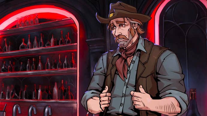 A screenshot from the visual novel-style game Vampire Therapist. In it, we see the upper body of a fairly typical looking cowboy - a rugged old white man with a large moustache, longish hair and a cowboy hat and waistcoat and shirt on. He - Sam - looks uncomfortable. Maybe it’s because he’s standing in a red-lit goth club.