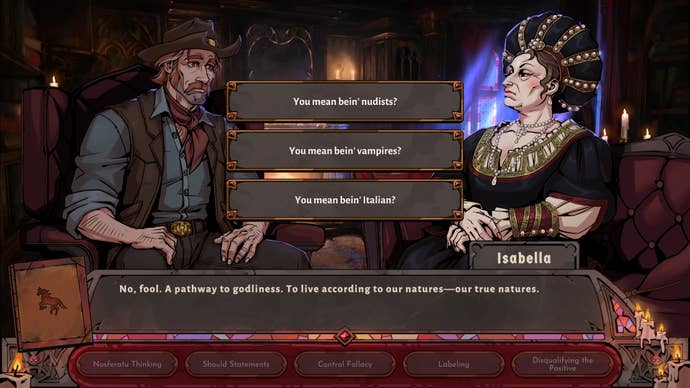 A screenshot from visual novel game Vampire Therapist. Cowboy Sam interrogates big-in-the-Renaissance character Isobella.