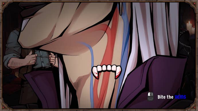 A screenshot from visual novel game Vampire Therapist showing a neck-biting section. Fangs hover over a character’s neck, and we can see the red or blue-coloured arteries below. We’d better get the right one.