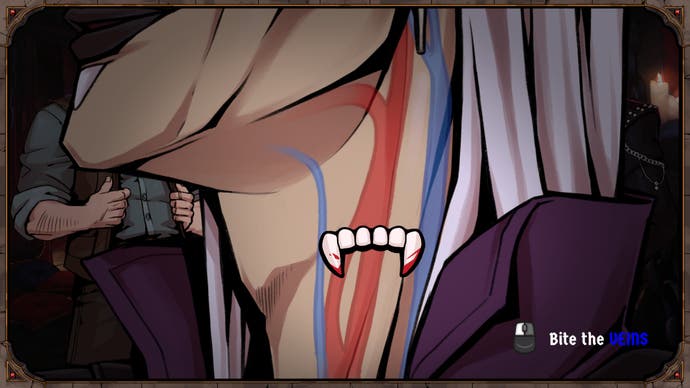A screenshot from visual novel game Vampire Therapist showing a neck-biting section. Fangs hover over a character's neck, and we can see the red or blue-coloured arteries below. We'd better get the right one.