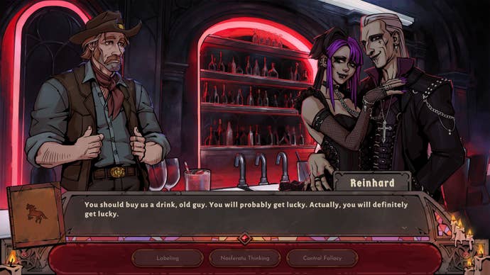 A screenshot from visual novel game Vampire Therapist, in which cowboy Sam talks to two goths at a red-hued bar. They will let him drink from them. They get a kick out of it. It’s mutually beneficial.