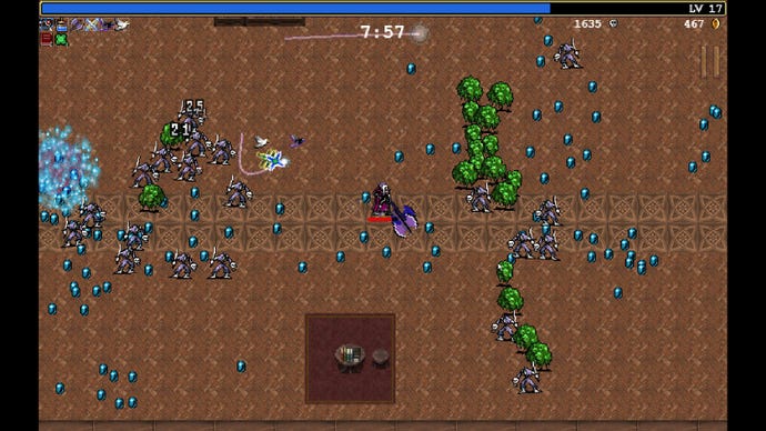 A warrior wields an axe in a forest full of monsters in Vampire Survivors