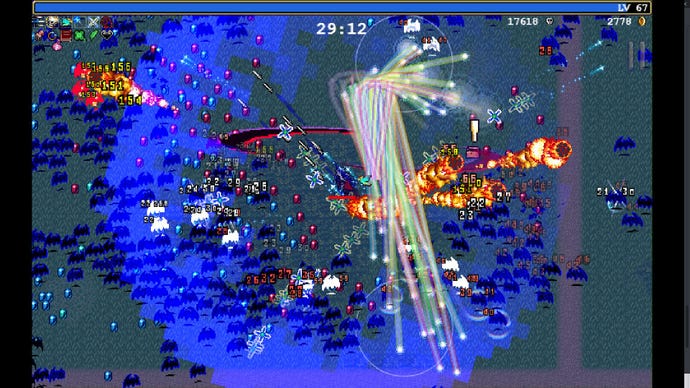 A large blue explosion catches lots of monsters in its path Vampire Survivors