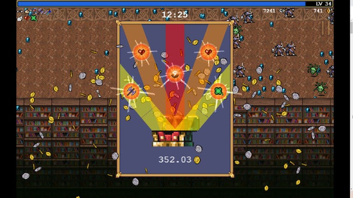 A chest bursts open with lots of different items in Vampire Survivors