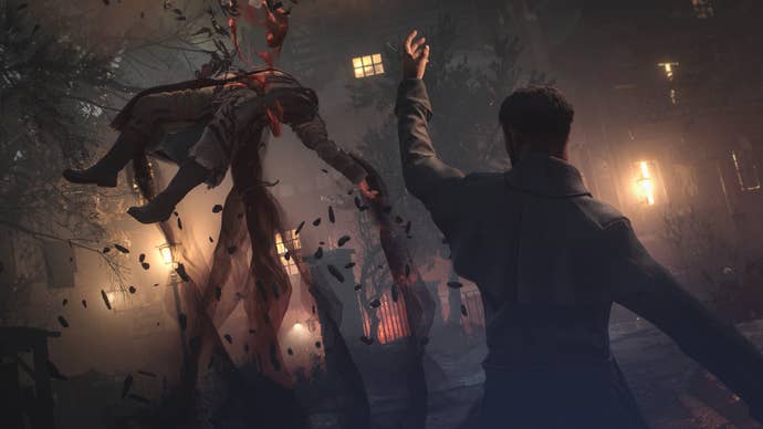 A character thrusts their hand into the air as spikes shoot out of the ground to impale a presumed enemy nearby. Blood spouts from their wounds. There’s darkness all around.