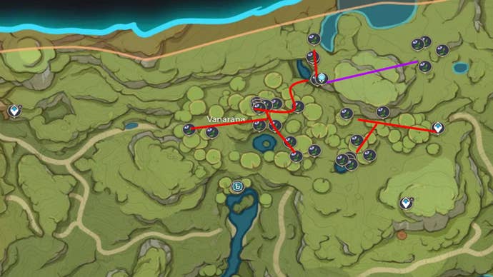 Genshin Impact Padisarah locations: A map showing routes for finding Padisarah near Vanarana's statue of the seven and eastern waypoint