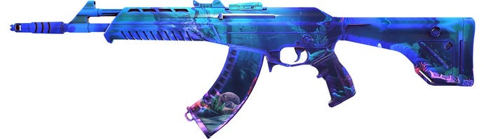 One of the new underwater gun skins from Valorant, it’s very blue and has some fish swimming around in it.