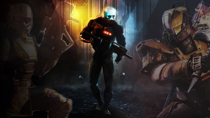 Key art for EVE Vanguard with a militiaman walking towards the frame, flanked with slightly faded Guardian from Destiny and a soldier from Helldivers