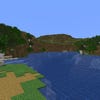 A screenshot of a river in Minecraft, with some trees on either side of the bank and a hill in the distance.