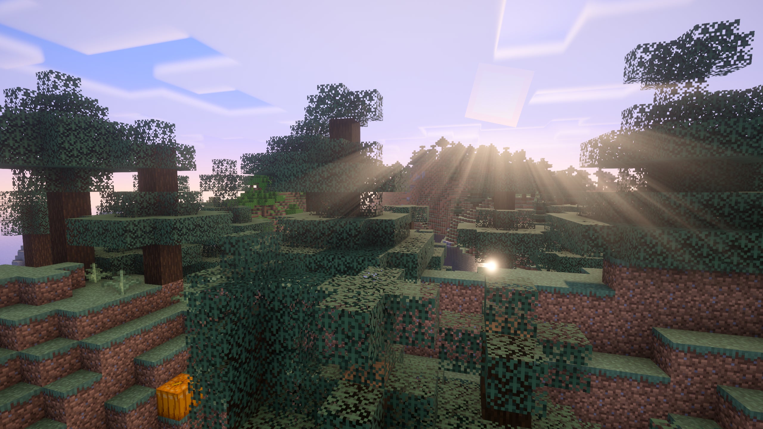 The sun rises over a hilly Minecraft forest with Vanilla Plus Shaders installed.