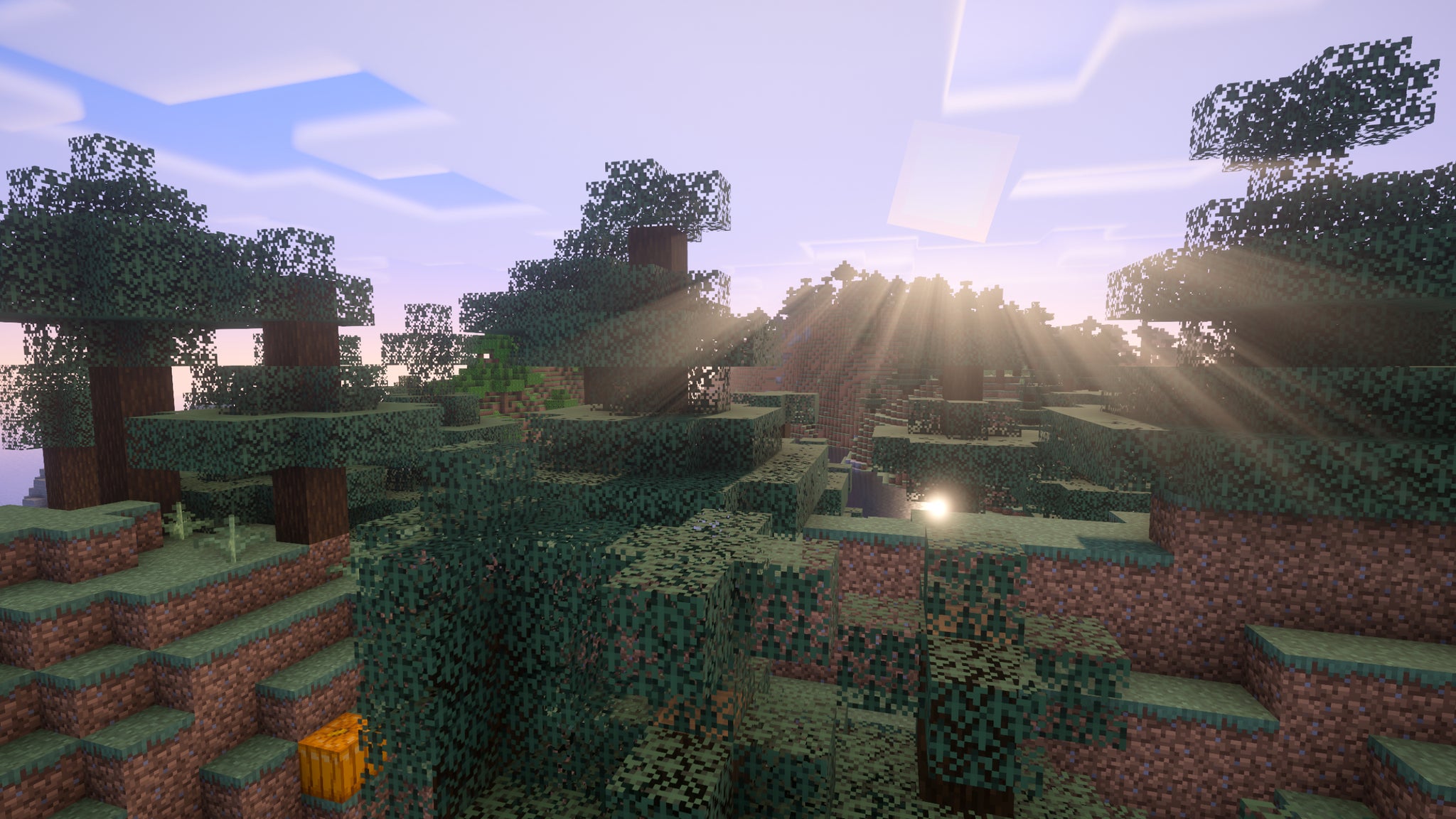 The sun rises over a hilly Minecraft forest with Vanilla Plus Shaders installed. - 84