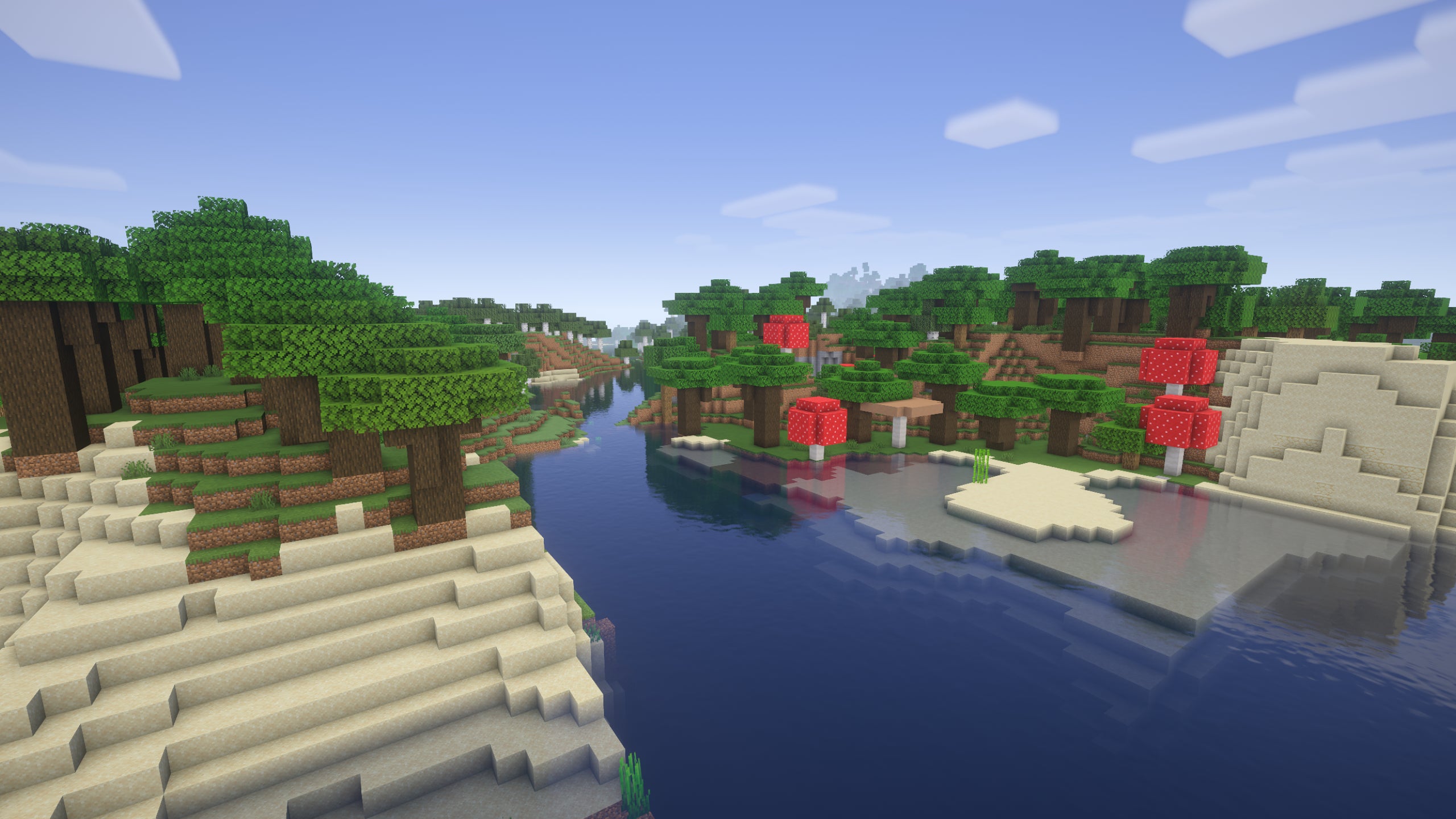 A river in Minecraft which cuts through a roofed forest biome with Vanilla Plus Shaders installed.