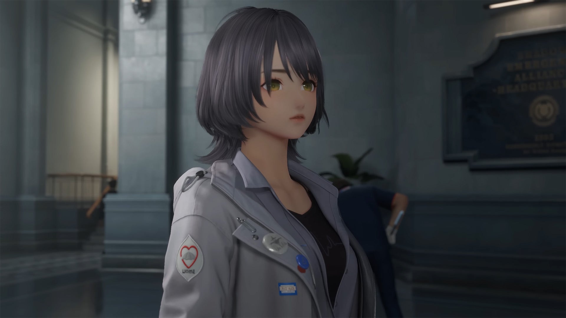 An anime-esque woman wearing a grey jacket is stood in a fancy government building in Varsapura. - 1