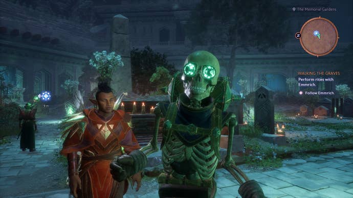 Manfred the skeleton poses for the camera in Dragon Age: The Veilguard.