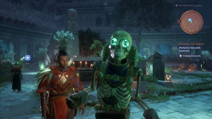 Manfred the skeleton poses for the camera in Dragon Age: The Veilguard.