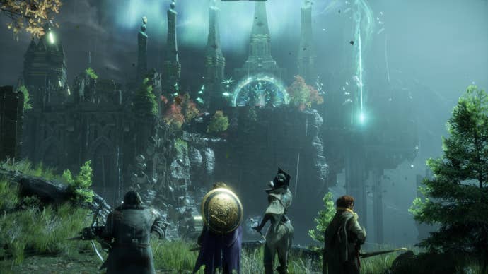 Four characters in Dragon Age: The Veilguard, looking at a huge weird building with lightning and clouds around it