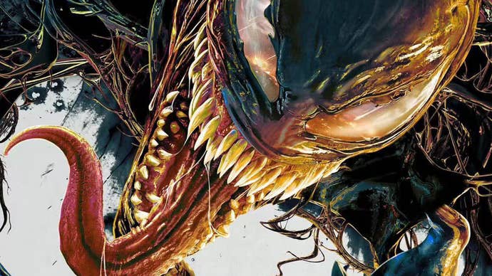 A poster for Venom: The Last Dance showing a close-up of the titular character with his tongue out.