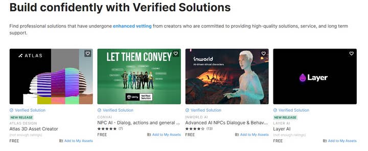 Screen capture of Unity's AI hub with four programs listed, including Atlas 3D Asset Creator. The text above the programs reads: 

Build confidently with Verified Solutions
Find professional solutions that have undergone enhanced vetting from creators who are committed to providing high-quality solutions, service, and long term support.