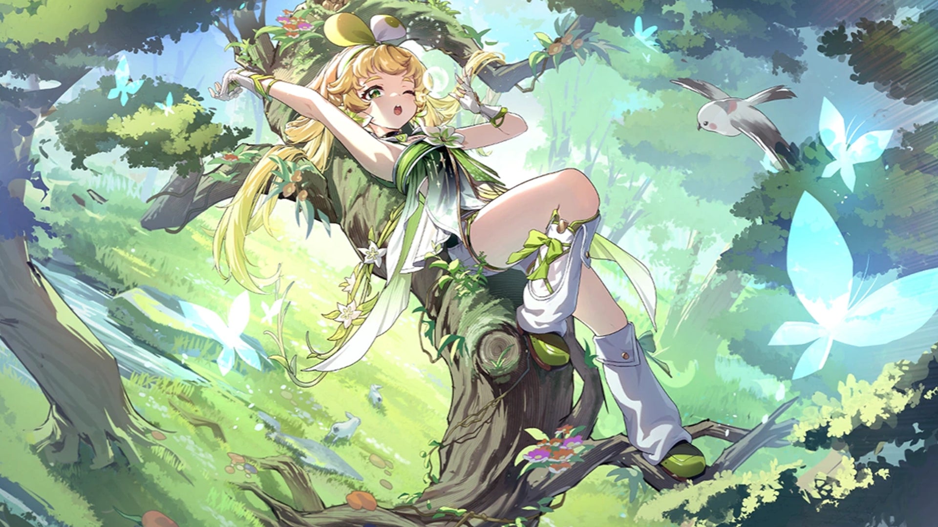 Artwork showing Verina from Wuthering Waves relaxing on the branches of a tree. - 3