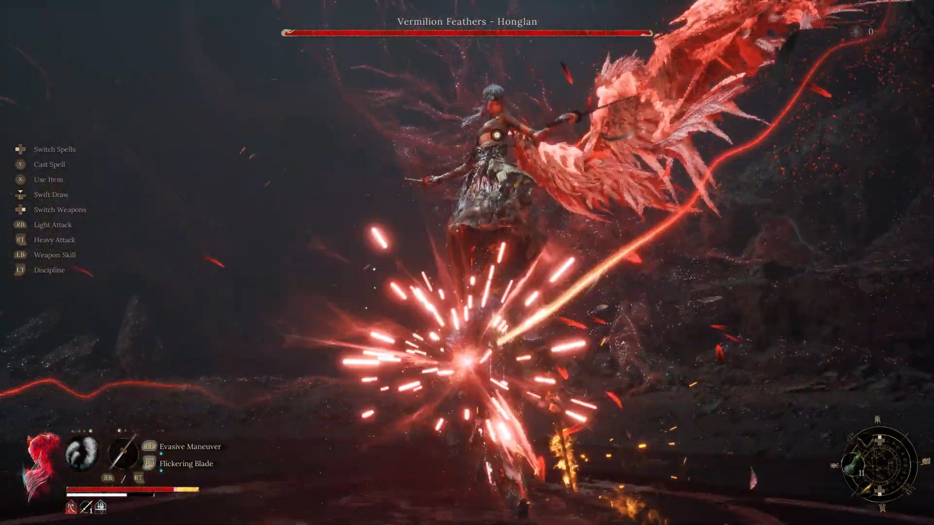 Vermilion Feathers - Honglan, a tough optional boss in Wuchang Fallen Feathers, rises in the air and unleashes a flurry of red feathers down at the player. - 7