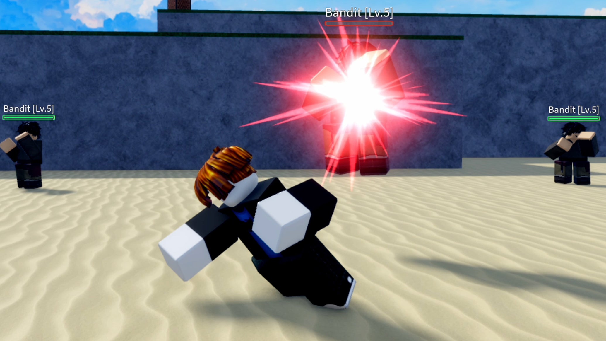A Roblox character punching an enemy and sending them flying into the air in the action RPG Verse Piece. - 1