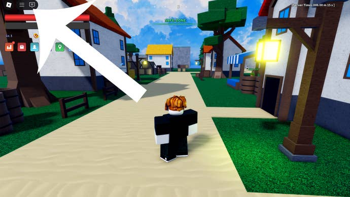 The One Piece inspired Roblox game Verse Piece, with an arrow pointing at the button players need to press to open the chat box.