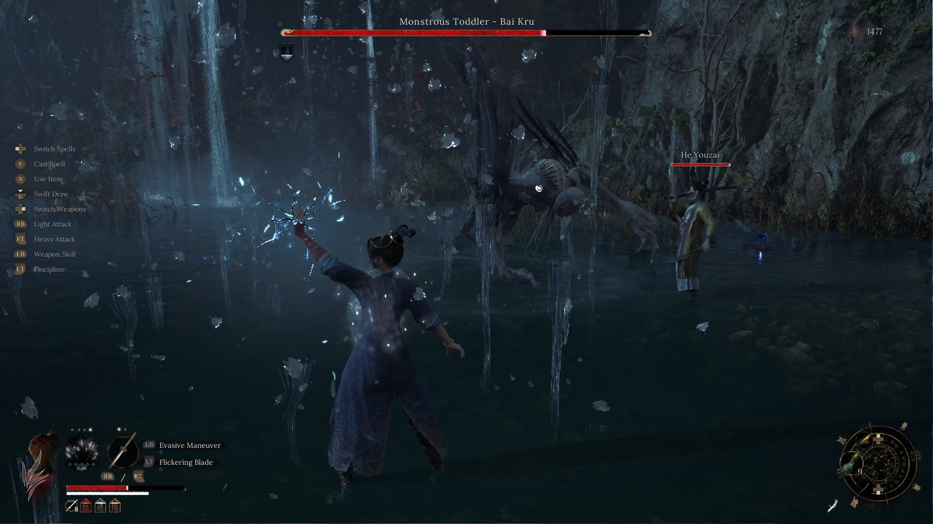 Wuchang summons an icicle storm as her comrade He Youzai fights Bai Kru in Wuchang Fallen Feathers. - 20