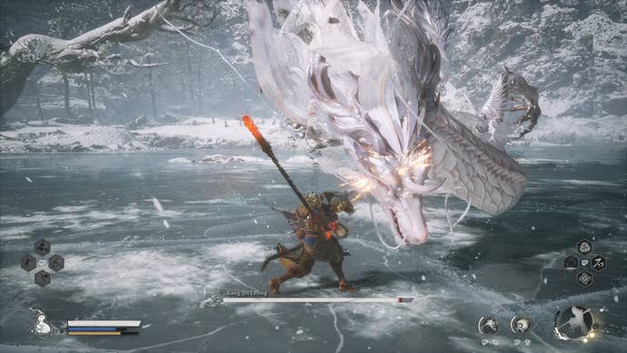 Whacking Kang-Jin Loong in the head with a well-timed heavy attack in Black Myth: Wukong.