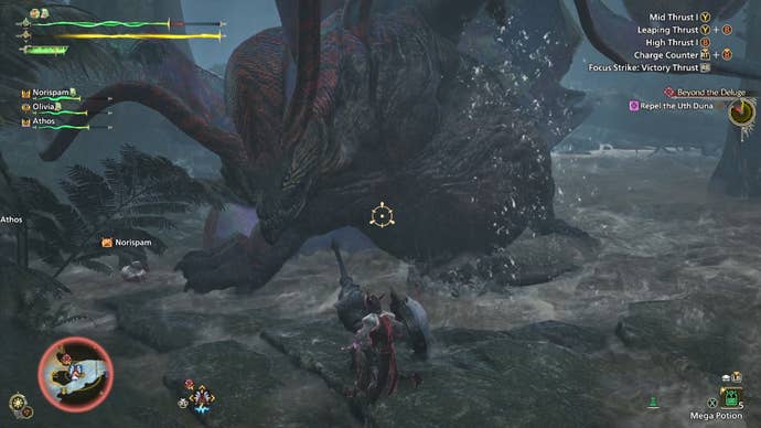 A hunter faces a raging Uth Duna head-on in Monster Hunter Wilds.