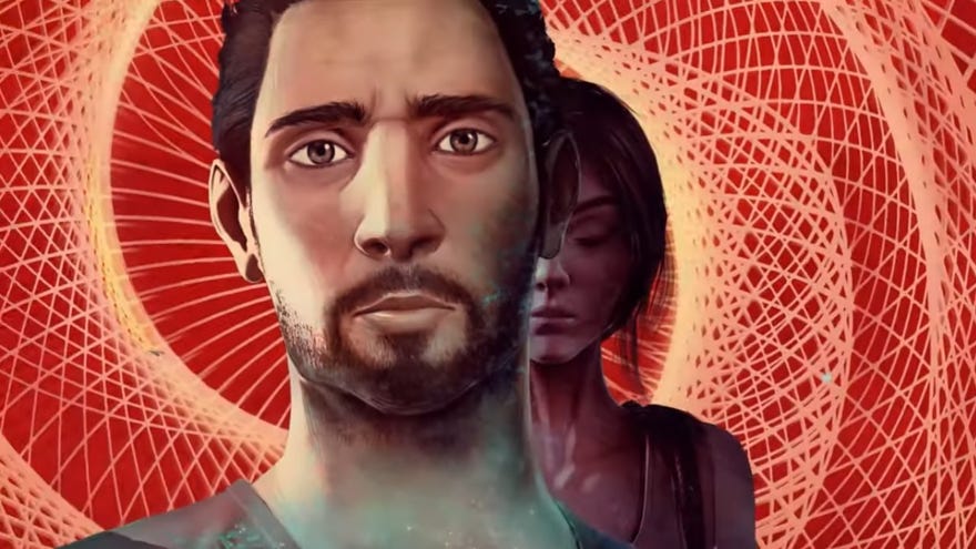 A screenshot of the main character from the Alfred Hitchcock – Vertigo teaser trailer. A woman is lurking behind him.