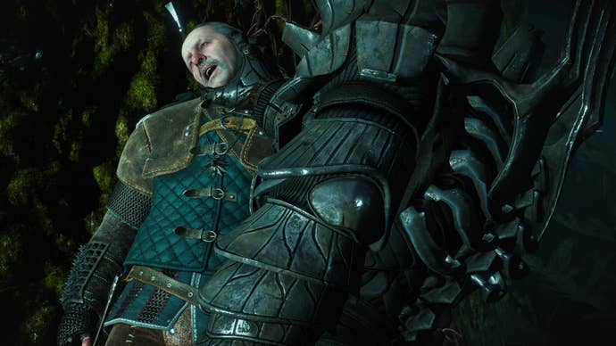 A screenshot of the witcher wolf school leader Vesemir having his neck broken by a heavily armoured figure in the foreground.