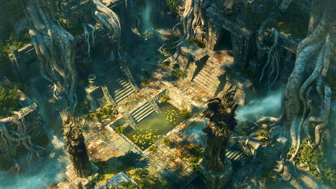 A jungle temple environment from Diablo 4’s Vessel of Hatred expansion