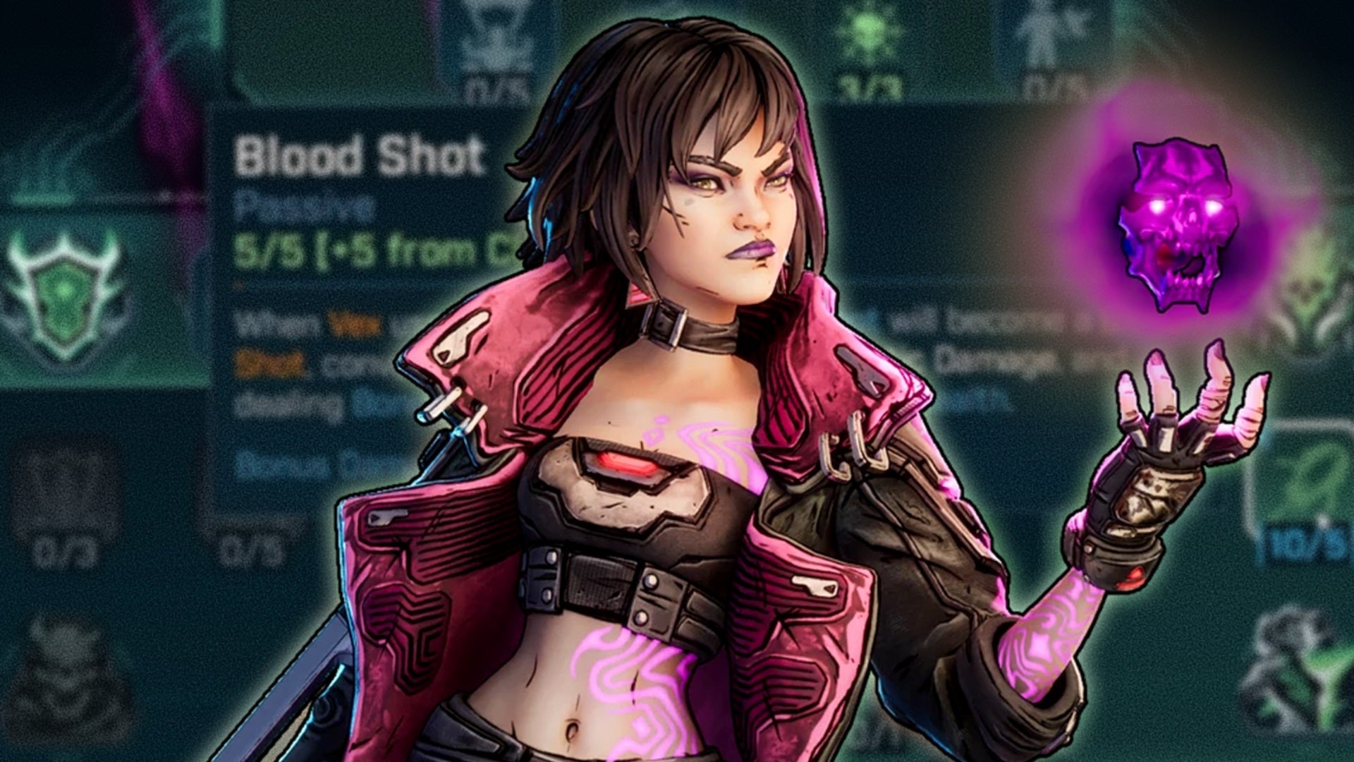 Vex, the Siren of Borderlands 4, holds up an orb of power. She has black hair and tattoos, and you can see a description of the Blood Shot skill behind her.