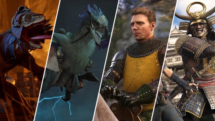 Yasuke from Assassin's Creed Shadows and Henry from Kingdom Come: Deliverance 2 facing off against two flying monsters from Avowed and Monster Hunter Wilds.