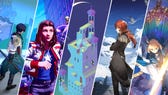 A collage of characters and locations from some of our favourite mobile games. L-R: Dan Heng from Honkai: Star Rail; America Chavez and Groot from Marvel Snap; a domed tower level from Monument Valley 2; Diluc from Genshin Impact; and Darius III and Artoria Pendragon from Fate/Grand Order.