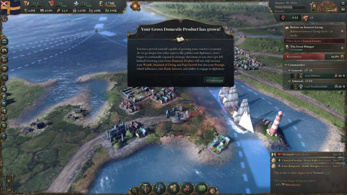 Having just successfully taken over part of Denmark, the player has raised their GDP enough to pass a checkpoint in the tutorial in Victoria 3