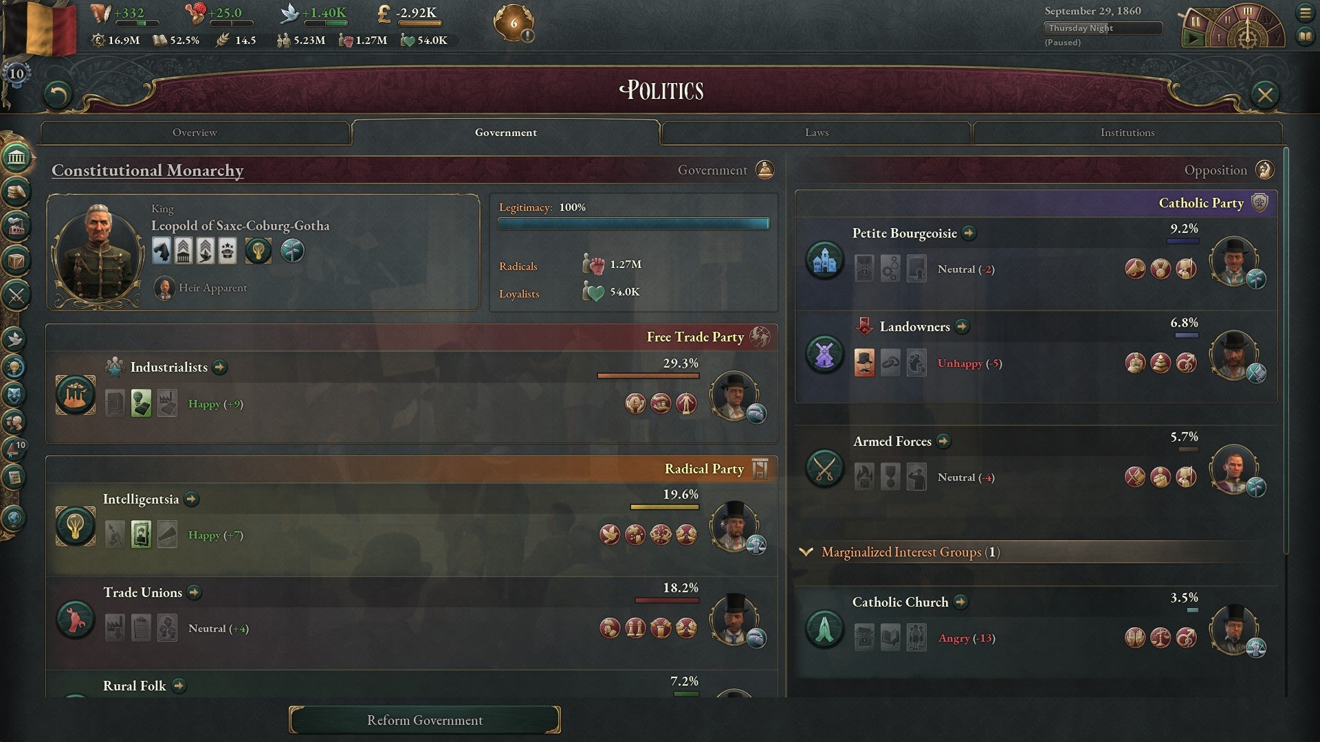 A screenshot from Victoria 3 showing an information overlay about politics. It shows a breakdown of political parties and details of a constitutional monarchy.