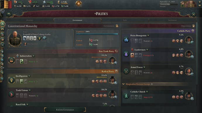 A screenshot from Victoria 3 showing an information overlay about politics. It shows a breakdown of political parties and details of a constitutional monarchy.