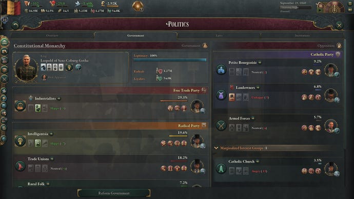 A screenshot from Victoria 3 showing an information overlay about politics. It shows a breakdown of political parties and details of a constitutional monarchy.